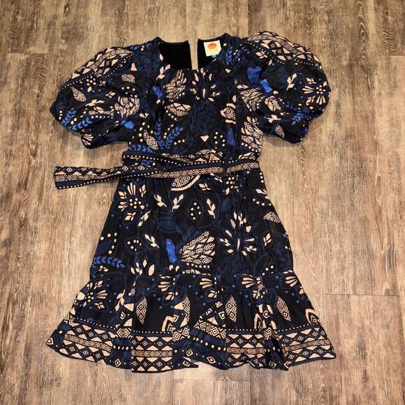 Farm Rio Macaw Forest Cotton Blend Puff Sleeve Round Neck Belted Mini Dress - Picture 6 of 11